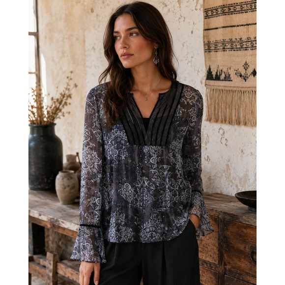 Sundance Tops - Sundance Silk Semi Sheer Blouse Velvet Trim Boho Print Top Blue Womens Size 4